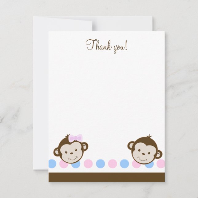 Twin Mod Monkeys boy/girl 4x5 Flat Thank you note Note Card (Front)