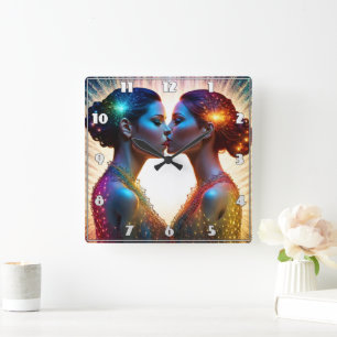 Twin Models Kissing With Colourful Sparkles Square Wall Clock