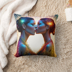 Twin Models Kissing With Colourful Sparkles Throw Pillow