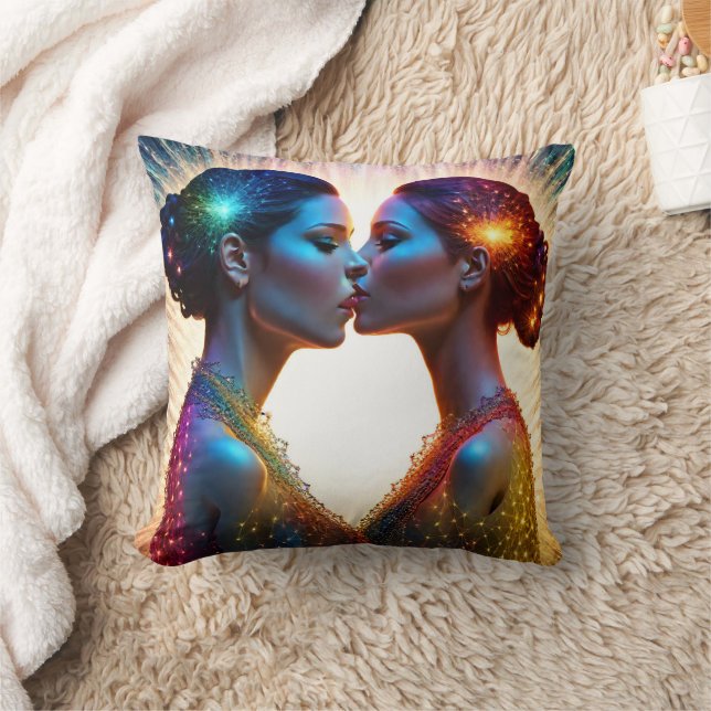 Twin Models Kissing With Colourful Sparkles Throw Pillow (Blanket)