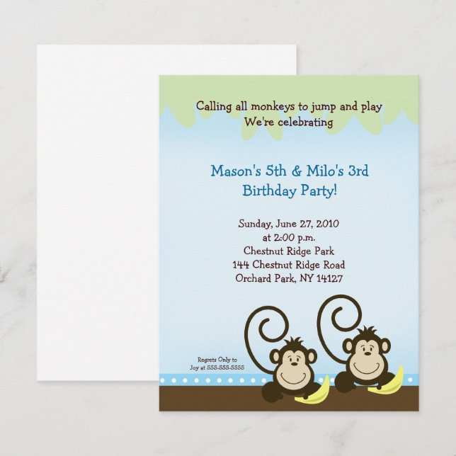 Twin Monkey Birthday Invitation (Smaller Invite) (Front/Back)