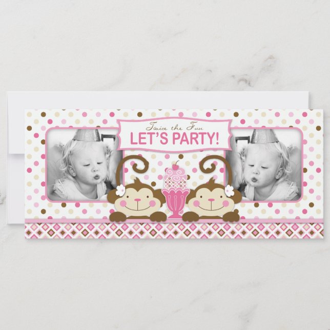 Twin Monkeys & Ice Cream Sundae Birthday Invitation (Front)