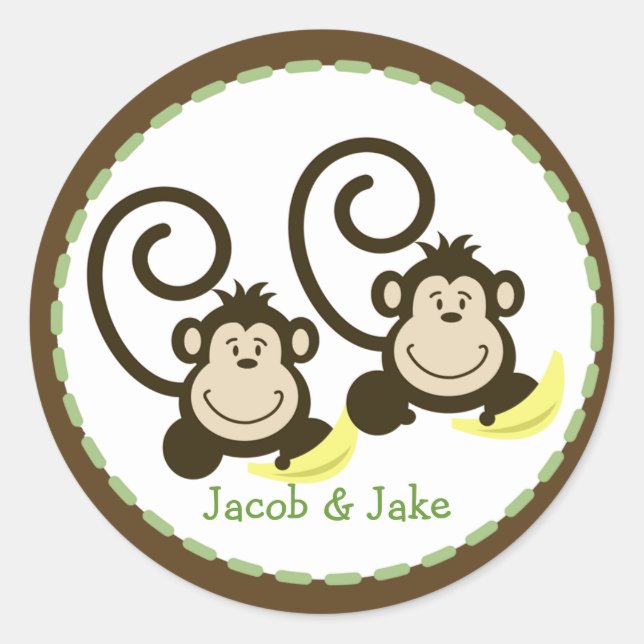 Twin Monkeys Round Favour Sticker (Front)