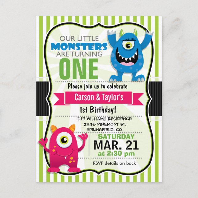 Twin Monsters Anniversaire de fête Carte postale I (Devant)