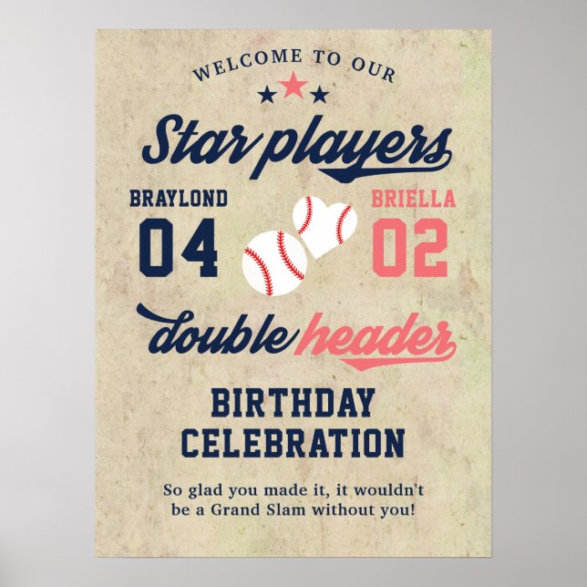 Twin or Sibling Baseball Double Header Birthday  Poster (Front)