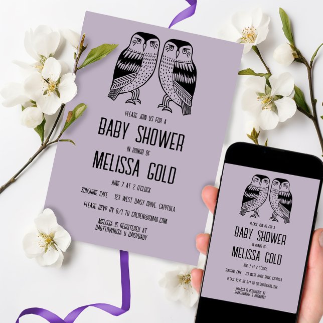 Twin Owls Cute Simple Chic BABY SHOWER CUSTOM Invitation (Twin owls baby shower invitations- paper cards or electronic baby shower invitation evites ecards)