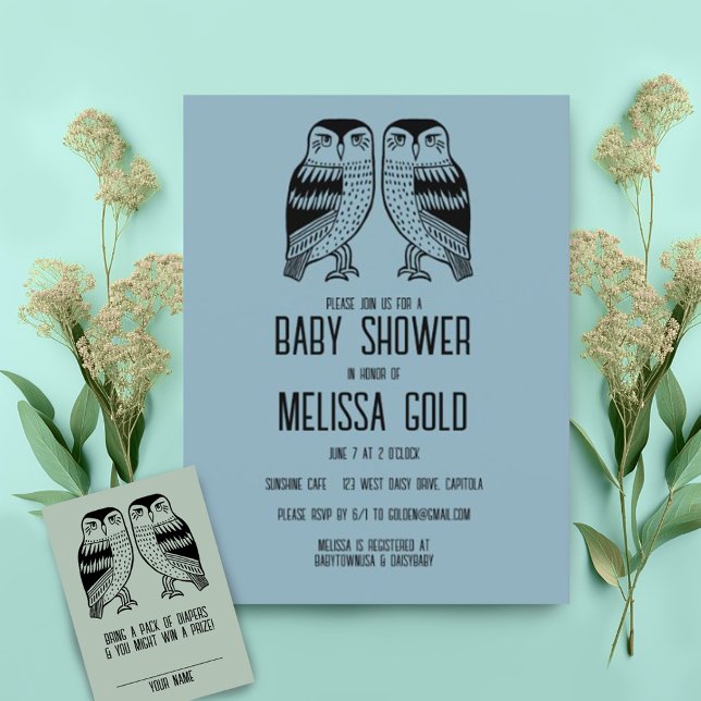 Twin Owls Cute Simple Chic BABY SHOWER CUSTOM Invitation (Creator Uploaded)