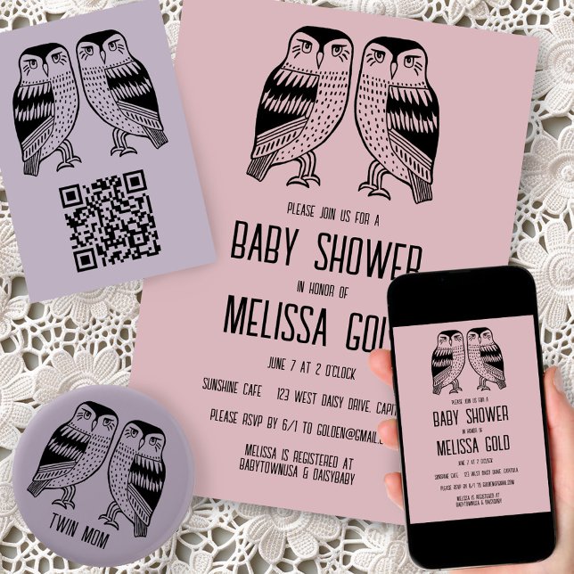 Twin Owls Cute Simple Chic BABY SHOWER CUSTOM Invitation (Twin owls custom baby shower invitation - digital or print. Matching thank you notes, enclosure card)