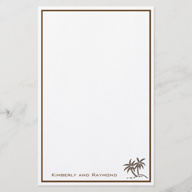 Twin Palm Trees Tropical Brown Personalized Stationery (Front)