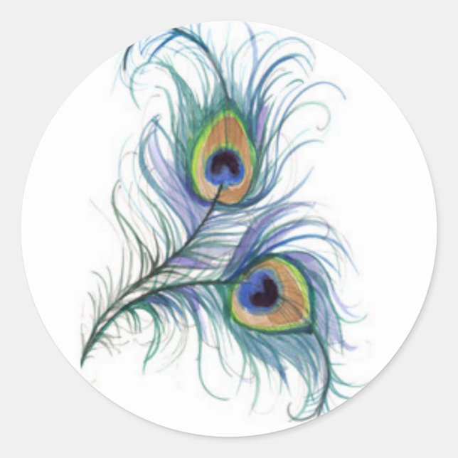 Twin Peacock Feather Pencil Drawing Button Classic Round Sticker (Front)