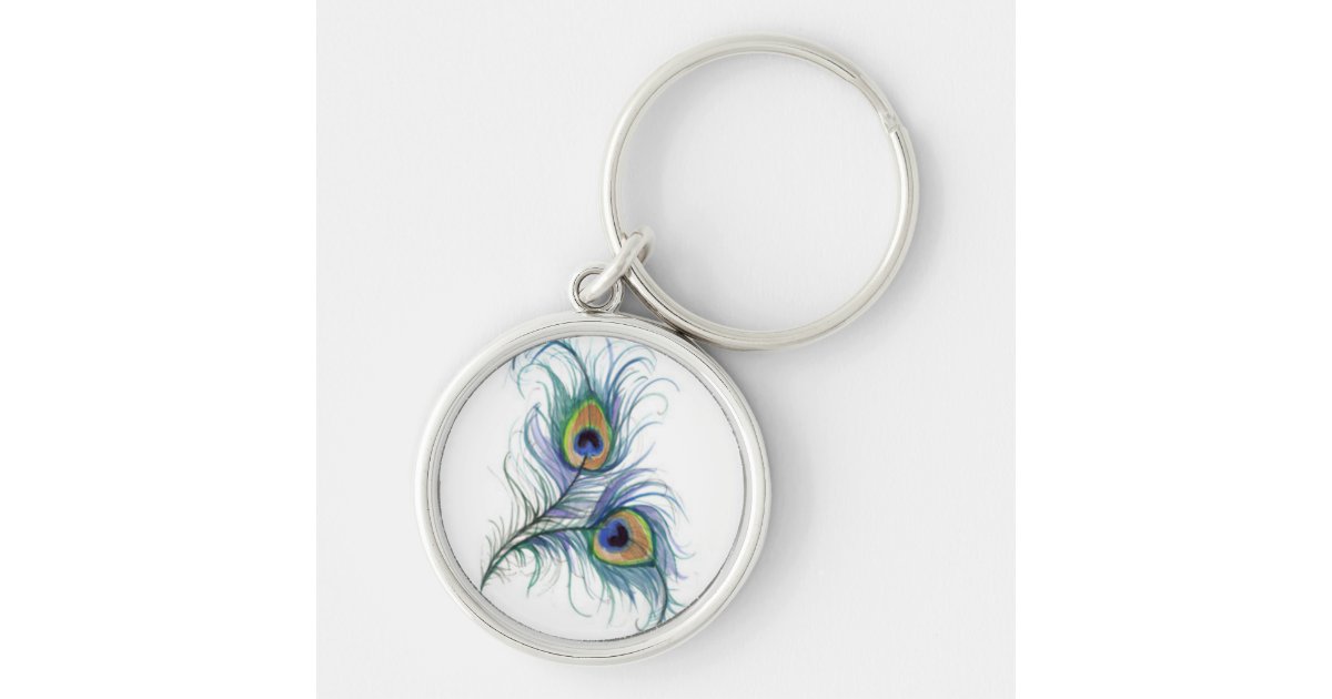 Twin Peacock Feather Pencil Drawing Keychain Zazzle.ca