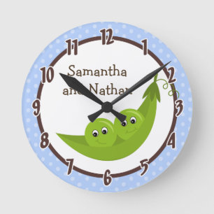 Twin Peas in a Pod Blue Polka Personalized Clock