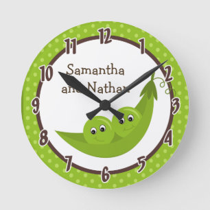 Twin Peas in a Pod Green Polka Personalized Clock