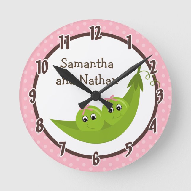 Twin Peas in a Pod Pink Polka Personalized Clock (Front)