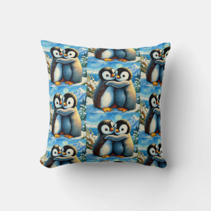 Twin penguins happy feet hug throw pillow