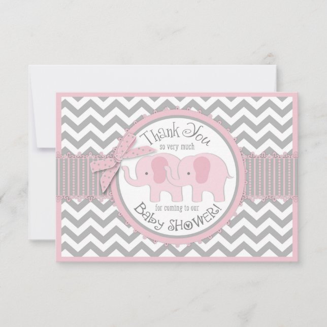 Twin Pink Elephants Grey White Chevron Thank You (Front)