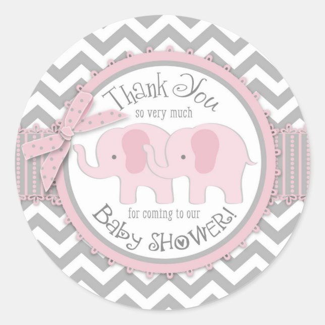 Twin Pink Elephants Grey White Chevron Thank You Classic Round Sticker (Front)