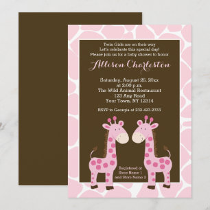 Twin Pink Giraffe Girl Twins Baby Shower Invites