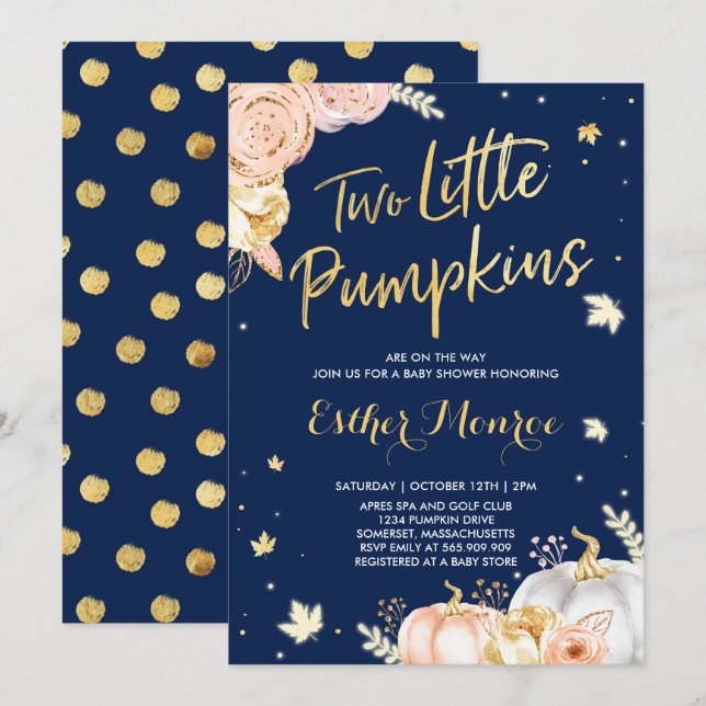 Twin Pumpkin Baby Shower Invitation Pink And Gold (Front/Back)