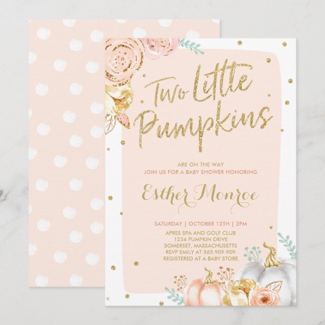 Twin Pumpkin Baby Shower Invitation Pink And Gold (Front/Back)
