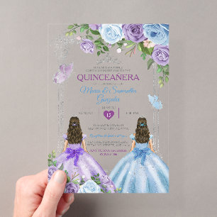 Twin Purple And Blue Butterfly Silver Quinceañera Acrylic Invitations