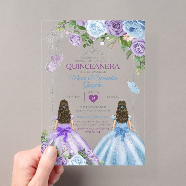 Twin Purple And Blue Butterfly Silver Quinceañera Acrylic Invitations (Insitu (Handheld))