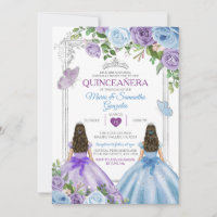 Twin Purple And Blue Butterfly Silver Quinceañera