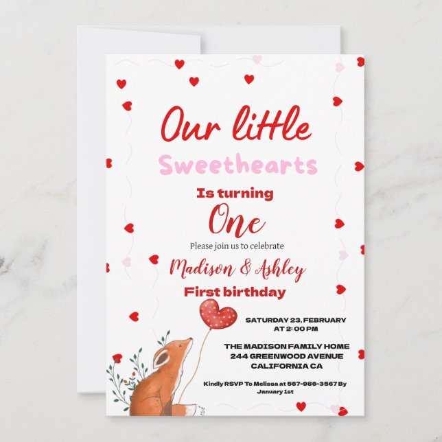 Twin Red Heart Valentine's Day Sweetheat  Birthday Invitation (Front)