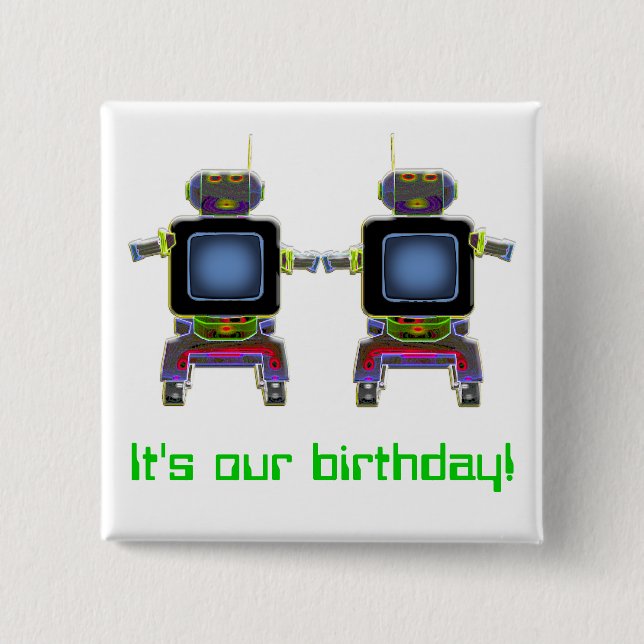 twin robots in neon colours 2 inch square button (Front)