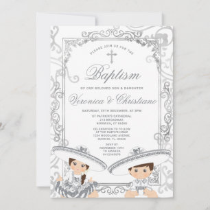 Twin Silver Boy & Girl Mexican Baptism Cross Party Invitation