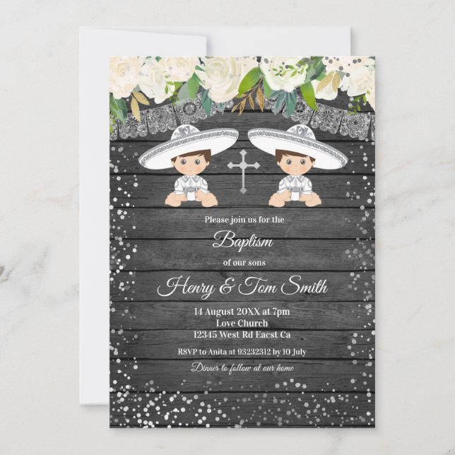 Twin Silver Glitter Fiesta Boy Baptism Invitation (Front)