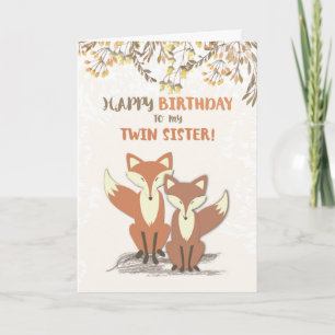 Twin Sister Birthday Foxes, Leaves on Branches Card