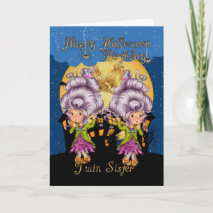 twin sister birthday halloween card with cute witc