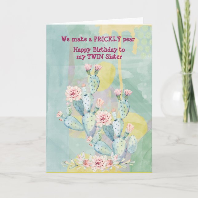 Twin Sister Birthday Watercolor Cactus Card (Front)