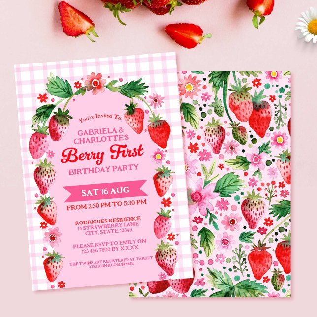 Twin Sisters Joint Strawberr Berry First Birthday  Invitation (Twin Sisters Joint Strawberr Berry First Birthday Invitation)