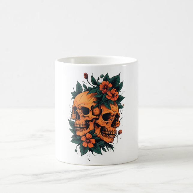 Twin Skulls Floral Gothic Coffee Mug (Center)