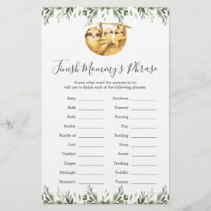 Twin Sloths Baby Shower Finish Mommy's Phrase Game