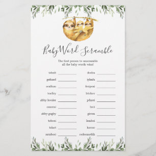 Twin Sloths Baby Shower Word Scramble Game