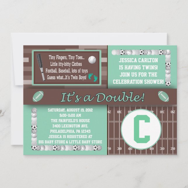 Twin Sports Baby Shower Invitations Green (Devant)