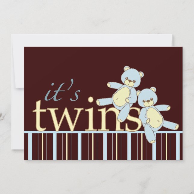 Twin Teddy Bear Boys Baby Shower Invitation (Front)