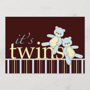 Twin Teddy Bear Boys Baby Shower Invitation
