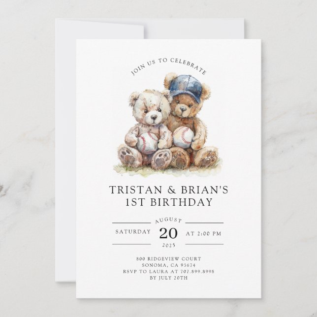 Twin Teddy Bear Watercolor Boy's 1st Birthday  Invitation (Front)