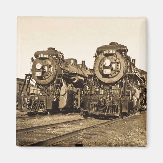 Twin Train Engines Vintage Locomotives Railroad Magnet (Front)
