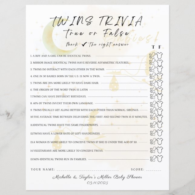 Twin Trivia Game True or False (Front)