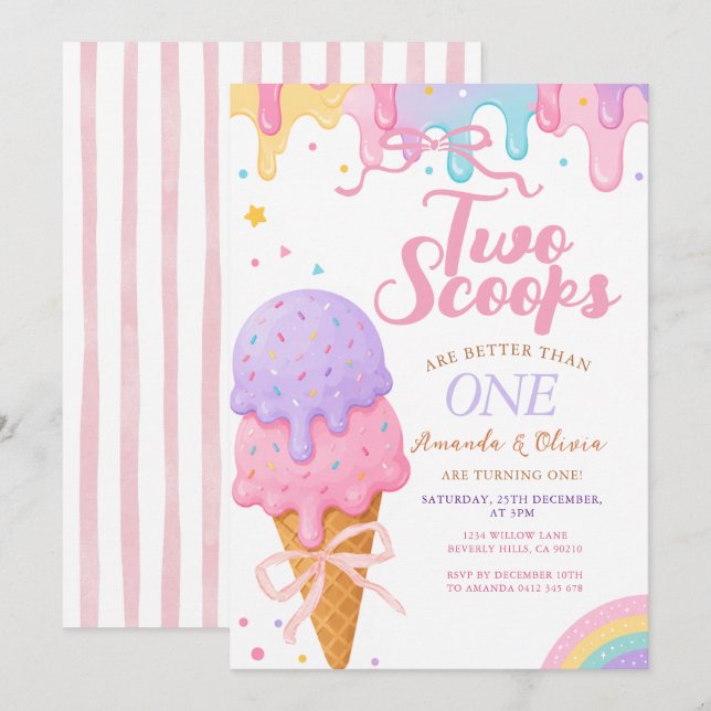 Twin Two Scoops Are Better Than One Birthday  Invitation (Front/Back)