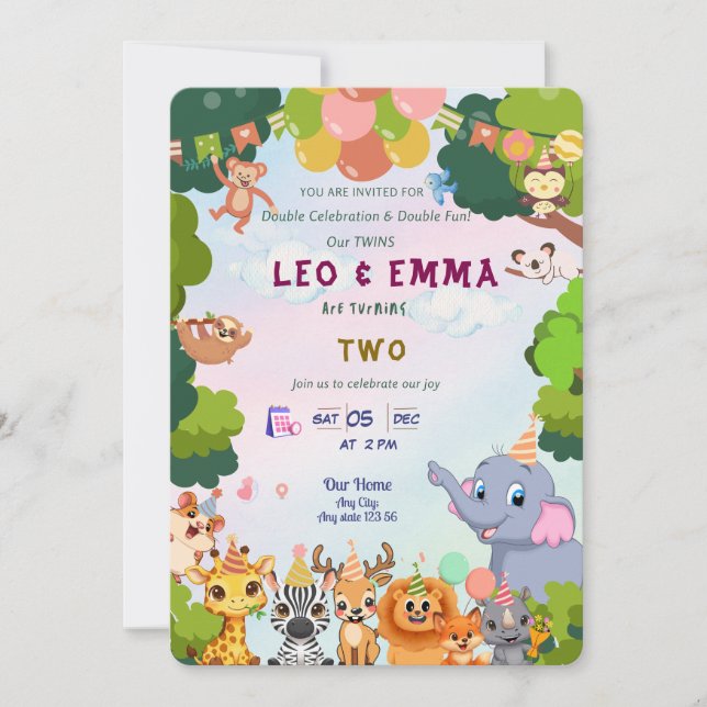 Twin Wild Animals Party Invitation (Front)