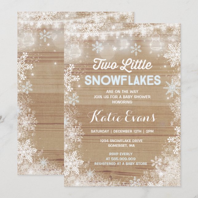 Twin Winter Baby Shower Invitation Rustic Blue (Front/Back)