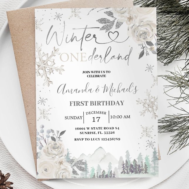 Twin Winter Onederland Snowflake White Birthday Invitation (Creator Uploaded)