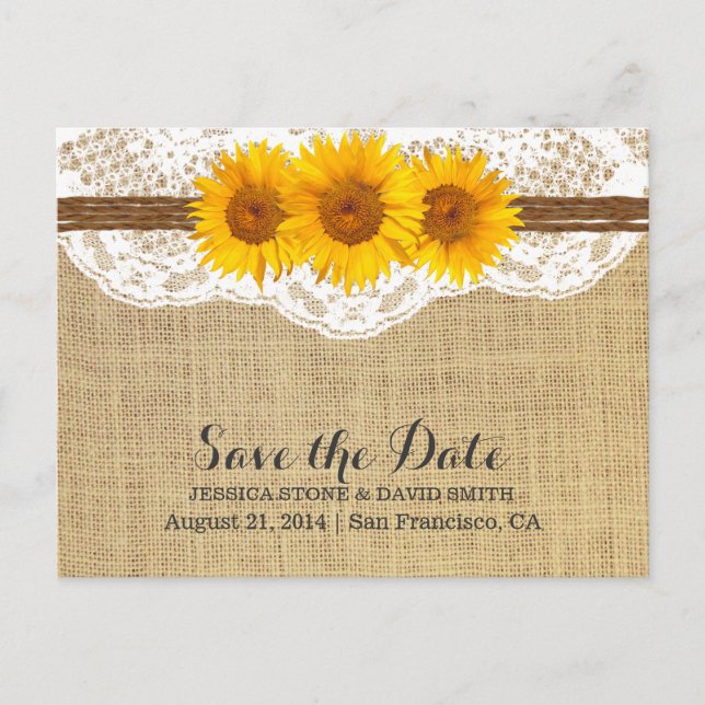 Twine & Sunflower Lace Burlap Save the Date Announcement Postcard (Front)