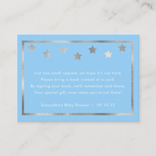 Twinkle Baby Shower book request, blue silver Enclosure Card (Front)